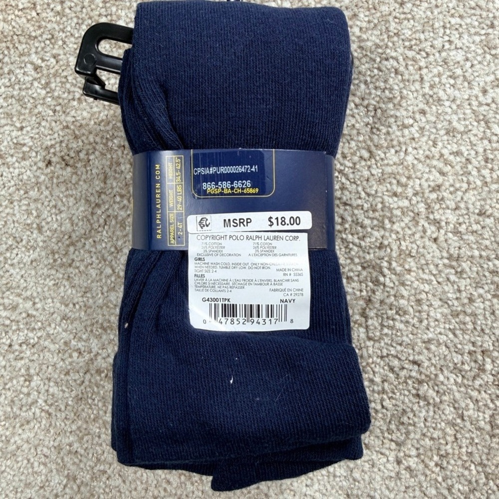 Polo Ralph Lauren Girls 2-4T Footless Tights 2 Pairs Navy Blue Ribbed G43001TPK - Picture 3 of 3